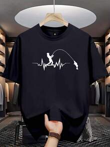 Áo thun nam tay ngắn dáng ôm vừa vặn có in hình điện tâm đồ và câu cá cá nhân, trang phục thể thao ngoài trời giản dị và phong cách, thích hợp làm quà tặng cho chồng hoặc bạn trai, phong cách những năm 2000 - màu đen - Xem 1