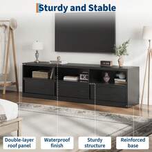 Mueble TV de 70 pulgadas para TVs de 75", centro de entretenimiento moderno de mediados de siglo con cajón de almacenamiento y estantes abiertos, gabinete de consola de medios de madera para sala de estar/dormitorio - Negro - Ver 3