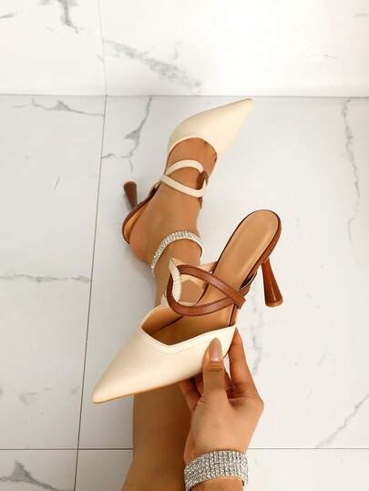 Women's Color Block Criss-Cross Decor Pointed Toe Stiletto High Heel Sandals, Versatile For Daily Wear And Party, Pointed Leather High Heel Sandals
