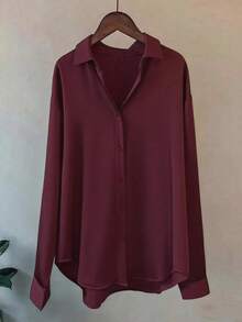 大码女式纯色休闲奢华宽松版长袖衬衫，冬季派对风。女士优雅百搭垂坠复古长袖缎面上衣，四季皆宜，适合日常机场、办公室、万圣节、圣诞节、新年、感恩节、派对、街头、春季等场合穿着。 - 酒紅色 - 查看 2
