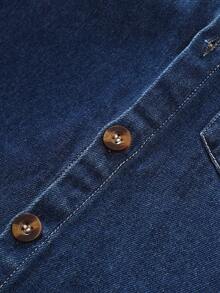 小男孩休闲时尚街头卡通刺绣拼布口袋长袖牛仔衬衫，秋季/春季 - 深色水洗藍 - 查看 6