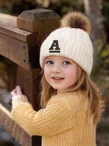 1 件儿童刺绣条纹字母白色针织帽，经典时尚休闲帽，适合男孩和女孩秋冬日常穿着和返校 - 彩色 - 查看 2