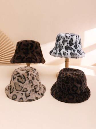 1 件女士全豹纹蓬松保暖宽边复古欧美风格渔夫帽，适合日常、通勤、郊游、秋冬秋季