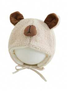 1 件装婴儿羊羔绒护耳帽，可爱熊图案保暖帽，适合男婴和女婴，幼儿秋冬日常穿着