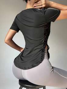 女士极简拼接侧边运动瑜伽短袖T恤 黑色 - 黑色 - 查看 3
