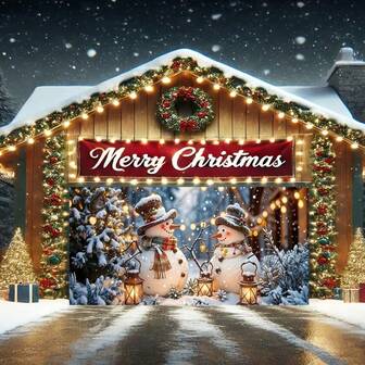 1 Christmas Winter Snow Scene Decoration Background Banner, Multiple Sizes Available - Festive Snowman And Tree Design With Warm Lights, Suitable For Outdoor Garden And Holiday Decoration, Christmas Decoration