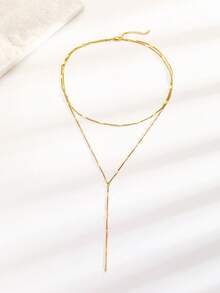 Aomogo 1pc Stainless Steel Double Layer Women Necklace, Long Pendant Necklace With Beaded Y-Shape Chain And Round Ball Pendant, Everyday Wear - necklace - View 7