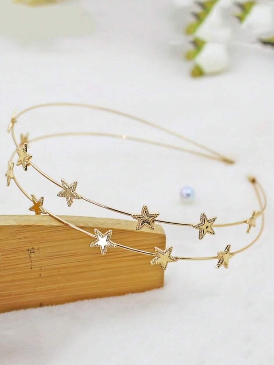 1pc Elegant Sweet Headband, Double Row Five-Pointed Star Delicate Minimalist Chic Hair Clip, Versatile Thin Headband Hair Accessory, Head Piece, Hair Band, Hair Hoop