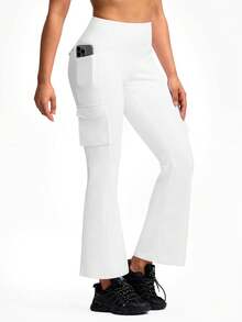 Womens Fleece Lined Pants High Waisted Flare Cargo Leggings For Women 6 Pockets Hiking Outdoor Winter Thermal - 白色 - 查看 3