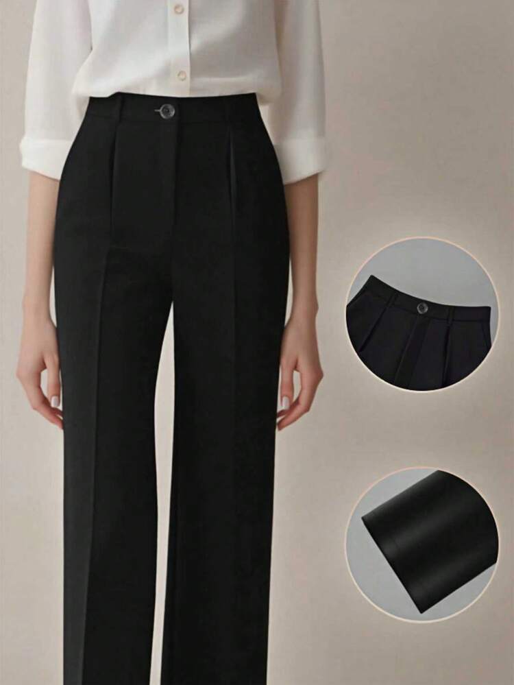 Pantalones holgados de cintura alta con pliegues, aptos para el trabajo y el uso casual, primavera/verano - Negro - Añade 8