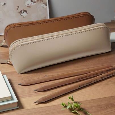 1个极简皮革铅笔盒，米色、棕色等多种颜色可选，品质上乘。拉链顺滑，开合方便，内部空间宽敞，可轻松收纳铅笔、钢笔等文具，让您的桌面保持整洁有序，适合学生日常使用或办公室整理，为您的学习或工作增添一抹精致。