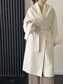 女士经典披肩领系腰长款双面羊毛大衣，秋冬季休闲加长外套 - 米色 - 查看 6