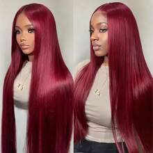 99J Colored Lace Front Human Hair Wigs Straight Burgundy 13x4 HD Transparent Full Lace Frontal Wig Red Glueless Wigs For Women - S99J - 查看 3