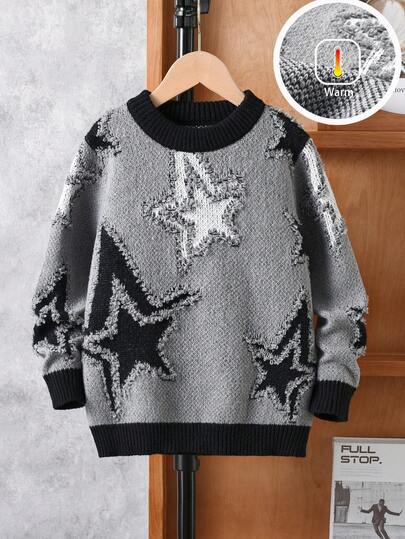 Boys' Street Style Distressed Five-Pointed Star Knit Pullover Sweater, Long Sleeve, Suitable For Casual Wear, Spring/Autumn/Winter