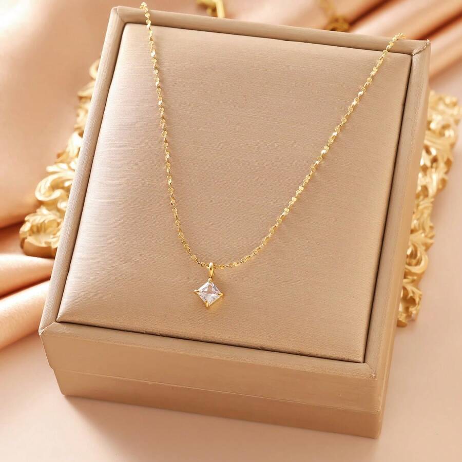 New Stainless Steel Gold Color Necklace With Geometric Zirconia Pendant, Fashionable Women's Jewelry, Minimalist And Fresh Style