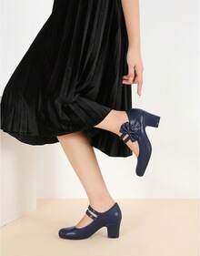 Enelauge Women's Mary Jane Heels With Bow Retro Closed Round Toe Pumps Sweet Ankle Strap Low Block Heels Chic Bowtie Vintage Dress Wedding Party Office Daily ShoesChristmas - 海軍藍啞光 - 查看 8