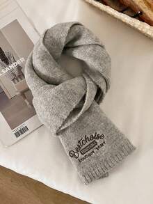 Winter Knitted Wool Scarf In Solid Color With Thick Embroidered Text, Long Style - Multicolor - View 5