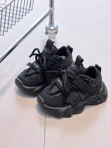 A Pair Of Black PU Girls' Sneakers With Hook-And-Loop Strap And Side Strap Detail For Everyday Wear, Sports, School, Cute Fashion Shoes For All Seasons