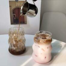 1/4pc Transparent Wave Texture Glass Drinking Cup, Modern Style Ripple Design Glass, For Iced Coffee, Tea, Milk And Cocktails, Suitable For Home And Party Use, Lead-Free Glassware, Comfortable To Hold, Very Suitable For Cold Drinks - Clear - View 7