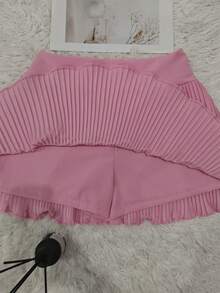 Women's Solid Color Pleated Short Skirt - Pleated Pink - View 2