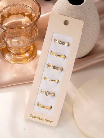 6 stycken minimalistiska, exklusiva, lätta och lyxiga ringar i förgyllt rostfritt stål med droppöppning i titanstål, lämpliga för kvinnor, daglig användning på högtider, dejting och förlovningsmatchning.