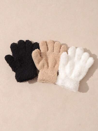 3 pares de guantes de punto de media felpa de unicolor para niños, cálidos para otoño/invierno