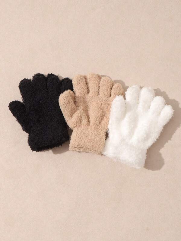 3 Pairs Children's Solid Color Half-Fleece Knitted Gloves, Warm For Autumn/Winter