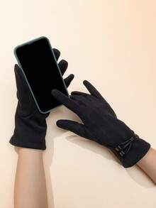 1pair Women Warm Thermal Lined Touchscreen Driving Gloves, Cute Design - Black - View 9
