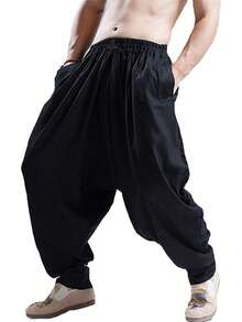 Men's Cotton Harem Pants Casual Loose Hippie Drop Crotch Trouser-20256688 - 黑色 - 查看 7