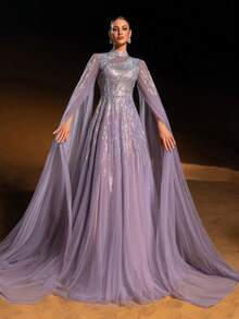 Faeriesty Haute Glamour Gorgeous Sheer Tulle Evening Gown With Cape Sleeves, Intricate Sparkly Beaded & Sequin Linear Geometric Patterns, Fitted Waist & A-Line Skirt | Glamorous Formal Design | Perfect For Red-Carpet Events, Wedding Guest Attire, Proms, And Upscale Evening Parties For Women