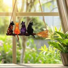Whimsical Cat With Broom Suncatcher - Colorful Hanging Ornament For Garden Window Wall Decor, No Installation Needed