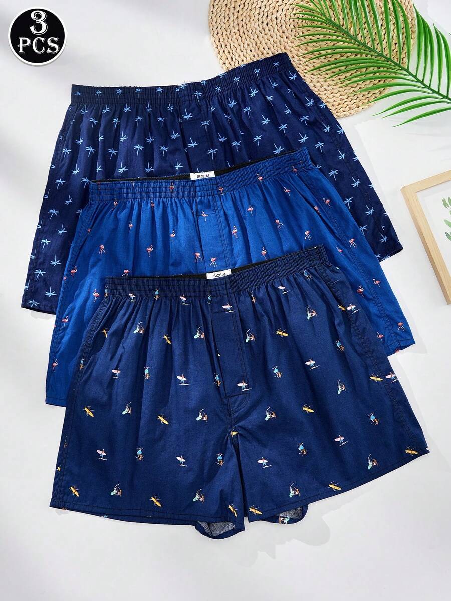 3 件/包男士透气松紧腰印花平角短裤，宽松休闲内裤 - 彩色 - 查看 1