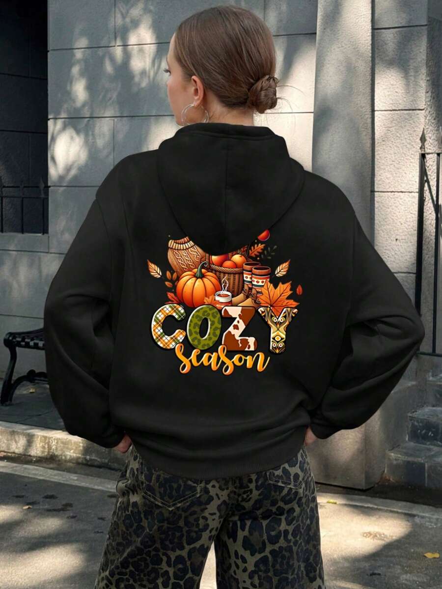 Mujer003-1 Sudadera de mujer Halloween invierno sudadera de manga larga es cómoda y suave Gorra suéter abrigo de cuero de manga larga para mujer con diseños de temporada cálida e invitantes, como calabazas, tazas de café y "COZY Season" - Negro - Ver 1