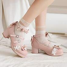 Women Lolita Cosplay Shoes Cross Strap Block Heel Mary Jane Lace Pumps-20256688 - 3粉紅色 - 查看 4