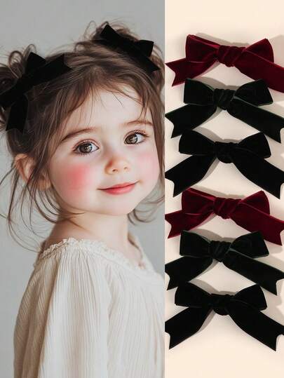 6pcs Velvet Hair Bows For Girls,Plain Bow Alligator Clips For Infants Toddlers,Wine Red Black Bow Hairpins With Fully Lined,Casual Daily Barrettes Kids Baby Hair Accessories