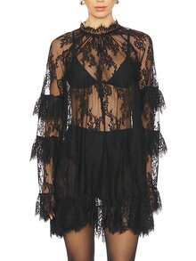 Women's See Through Lace Dress Long Sleeve Crew Neck Casual Loose Sheer Dress Vacation Beach Cocktail Mini Dresses - 黑色 - 查看 1