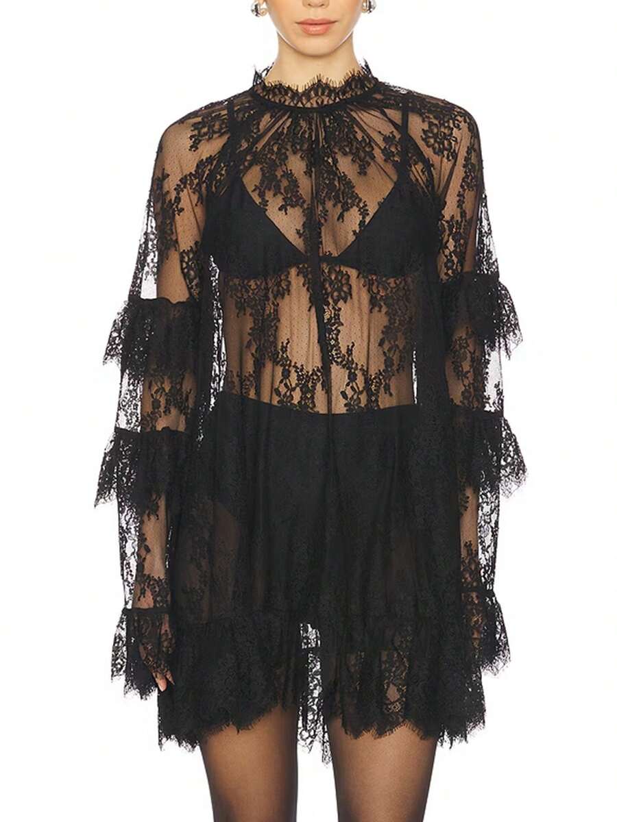 Women's See Through Lace Dress Long Sleeve Crew Neck Casual Loose Sheer Dress Vacation Beach Cocktail Mini Dresses - 黑色 - 查看 1