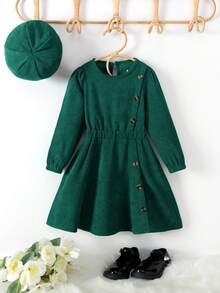 Young Girl Elegant Corduroy Christmas Beret Dress, With Refined Button Design And Corduroy Fabric, Round Neck Long Sleeve A-Line, And Elegant, Suitable For Christmas Parties And Daily Wear - Green - View 3