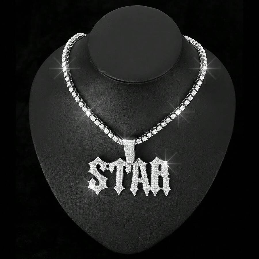 1pc Alloy Rhinestone Letter Star Pendant Necklace With Cuban Chain, Unique Unisex Jewelry For Daily Wear