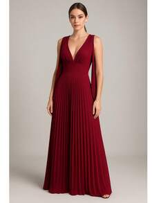 Women's Long Pleated Dress For Bridesmaids At Weddings And Graduations - 紅木色 - 查看 1