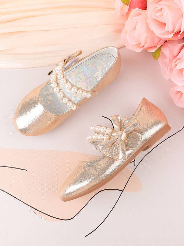Festliches Kleid-Outfit, Kleid für Auftritte, Perlen-Tanzschuhe Mary Jane Ballerina Prinzessinnenschuhe, kleine Lederschuhe, geeignet für Hochzeit, Party, Zusammenkunft, Feiertage, süße Blumenmädchenschuhe für Mädchen aller Altersgruppen, Kinder, Babys, modische goldene Schleifen-Ballerinas, vielseitig, elegant, bequem, klassische Flache Schuhe