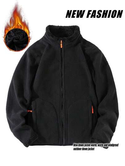 Women's Stand Collar Zip-Up Fleece Jacket, Solid Color Sherpa Fleece Coat For Autumn/Winter,Skiing