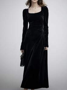 2025 新款优雅派对鸡尾酒会舞会礼服冬季方领天鹅绒连衣裙女式黑色长袖别致修身 A 字复古办公室服装约会夜礼服女式秋季长袍