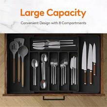 1pc Silver-Tone Expandable Drawer Organizer Tray, Cutlery And Utensil Holder, Adjustable Plastic Storage Box For Spoons, Forks, Knives, Large Size Silverware Organizer, Kitchen Organizer - Multicolor-black - View 8
