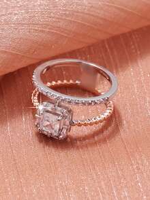 1pc Fashion Geometric Dual Layer Dual Tone Design Inlaid Classic Shiny Square Synthetic Cubic Zirconia Ring, Suitable For Women, Suitable For Wedding/Party/Birthday Gift For Friends And Mothers