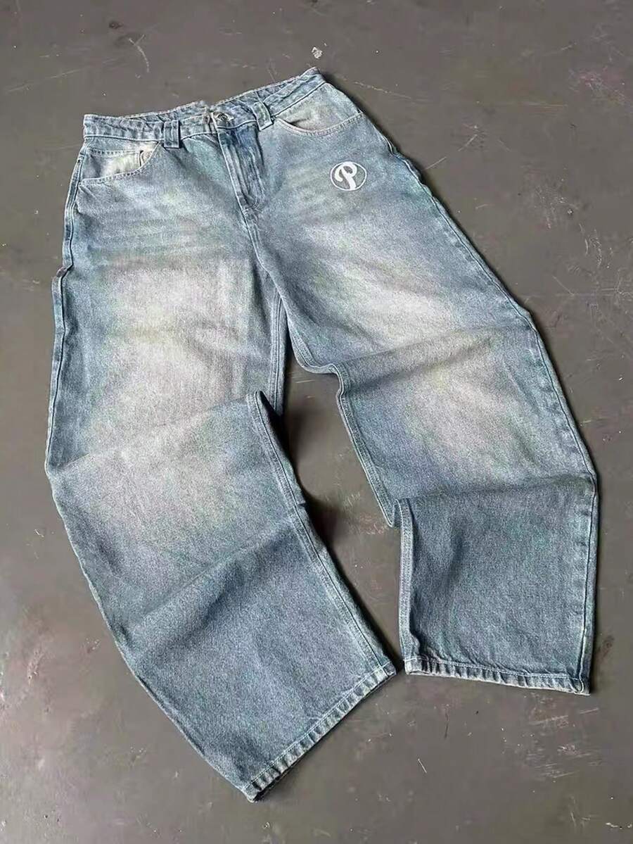 Jeans holgados y acampanados de estilo vintage para hombres con detalles de borde crudo - Denim azul, estilo callejero, lavable a máquina, cómodo durante todo el año, con patrones bordados, detalles de estilo de alta calle, pantalones vaqueros de ropa de calle | Denim de estilo callejero | Pantalones vaqueros de unicolor