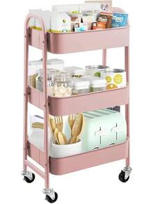 WILLINGTE Carrito de Almacenamiento Metal con 3 Niveles, Carrito de Utilidadóvil, Organizador con Ruedas, Fácil de Montar para Oficina para Baño, Cocina, Salón, Oficina (Negro) - rosa - Ver 11