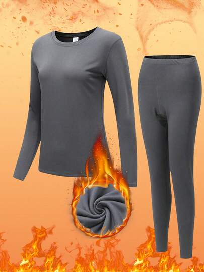 女士保暖内衣套装 - 圆领长袖上衣和长裤，时尚灰色 | 保暖内衬，超保暖，透气修身 | 居家休闲、城市通勤、滑雪旅行和徒步旅行的理想之选 | 防静电，速干科技 | 秋季、圣诞节和假日季的冬季必备保暖单品