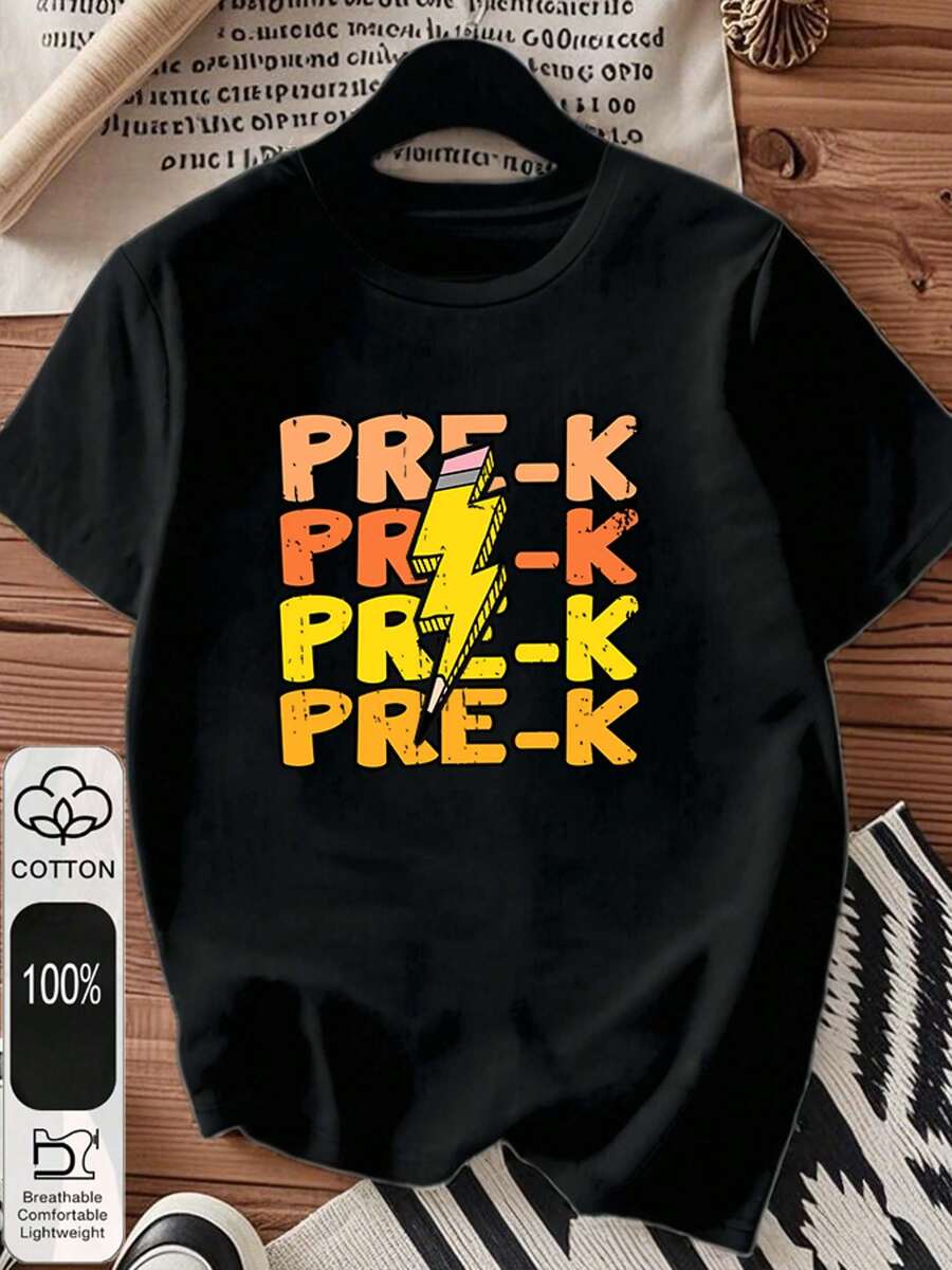 1pc blusas para mujer blusas elegantes dama playera de mujer blusas mexicanas de septiembre PreK camiseta 180g algodón blanco y negro patrón estampado lápiz rayo algodón alta calidad cuello redondo ajuste básico holgado hombre y mujer transpirable versátil lavable a máquina cómoda talla S ~ 3XL diario casual deportes imprescindible verano - Negro - Ver 1
