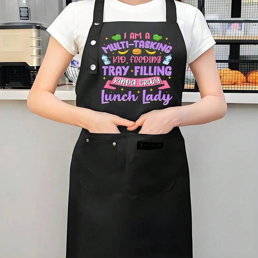 1pc Funny Chef Apron - High Quality & Kitchen Apron With Funny Sayings Like "I'm A Multi-Tasking Tray Filling Lunch Lady" - Black With Pink Text - Heavy-Duty Polyester Apron For Home Cooks, Professional Chefs, Cafeteria Workers - Easy-Clean Work Apron For Men & Women, Food Prep Gear, Bold Lettering, Durable Fabric, Baking Enthusiasts - AZX0001 - Xem 1